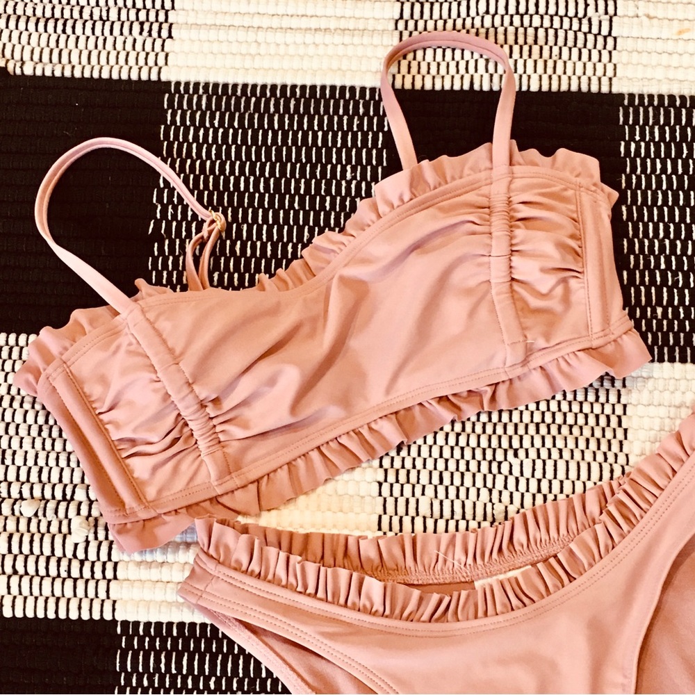 Bikini swim bathing suit ruffles blush pink summer pool bridal